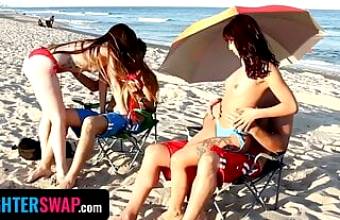 Daughter Swap – Horny Teens Seduces Each Others Dad By Getting Topless While Sunbathing
